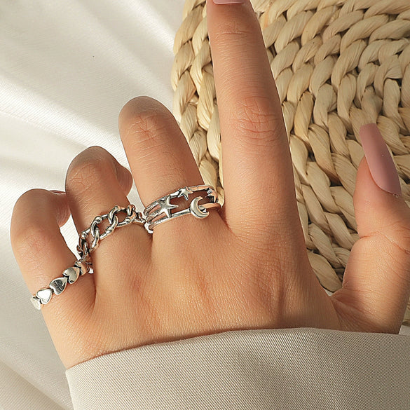 Women's Open Ring Set Alloy Geometric Pattern Electroplating Irregular Pleated Texture Fashionable Cool Style