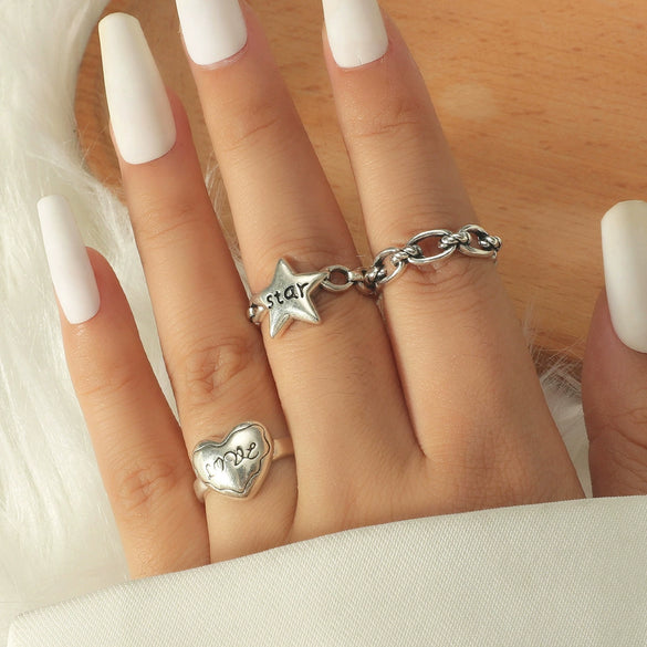 Women's Open Ring Set Alloy Geometric Pattern Electroplating Irregular Pleated Texture Fashionable Cool Style