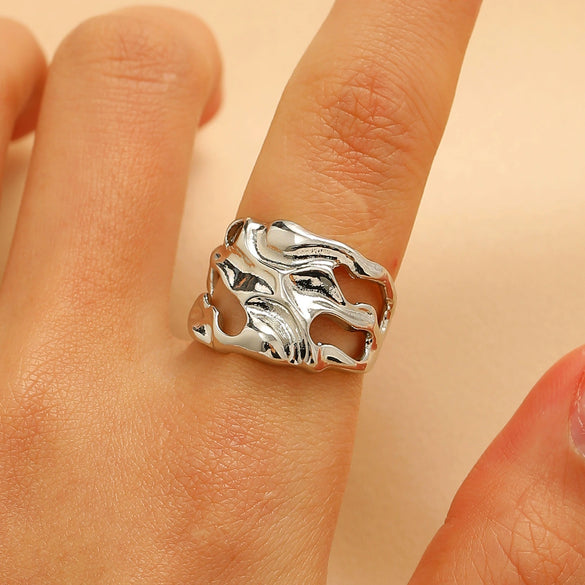 Women's Open Ring Set Alloy Geometric Pattern Electroplating Irregular Pleated Texture Fashionable Cool Style