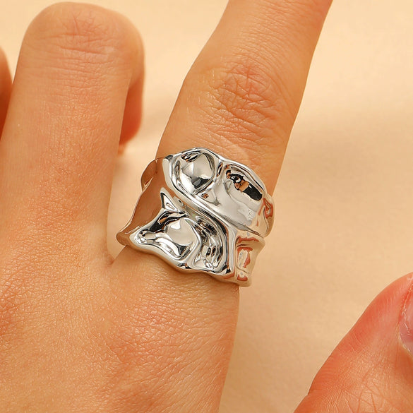 Women's Open Ring Set Alloy Geometric Pattern Electroplating Irregular Pleated Texture Fashionable Cool Style