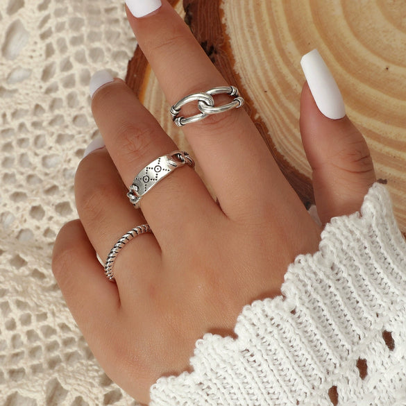 Women's Open Ring Set Alloy Geometric Pattern Electroplating Irregular Pleated Texture Fashionable Cool Style