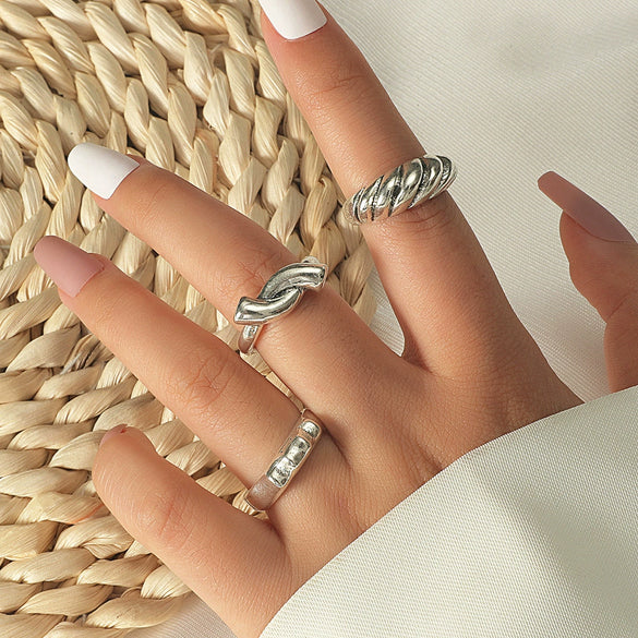 Women's Open Ring Set Alloy Geometric Pattern Electroplating Irregular Pleated Texture Fashionable Cool Style