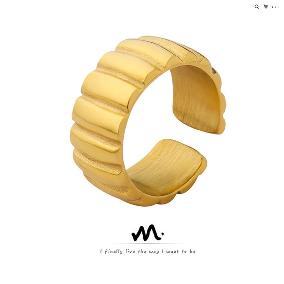 Women's Open Ring 316L Stainless Steel Geometric Striped 18K Gold Electroplated