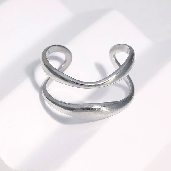 Women's Open Stainless Steel Ring With Electroplated Geometric Line Design Simple Minimalist Adjustable Jewelry