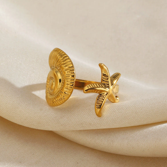 Women's Open Stainless Steel Ring With Electroplated Starfish And Conch Shell Minimalist Ocean Inspired Design