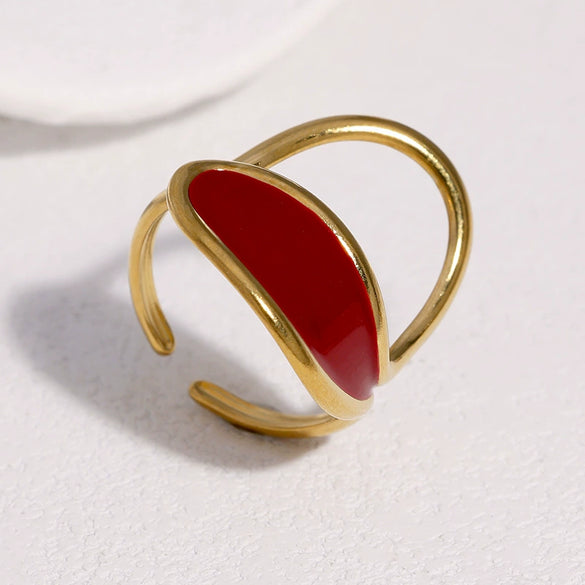Women's Open Stainless Steel Ring With Vintage Oil Drip Geometric Design And 18K Gold Electroplated Non Fading Finish
