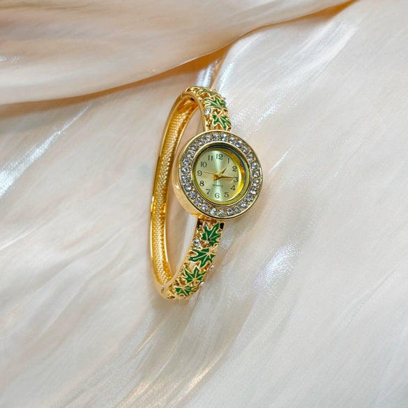 Women's Openwork Maple Leaf Enamel Bracelet Quartz Watch With Gemstone And Diamond Inlay And Buckle Closure