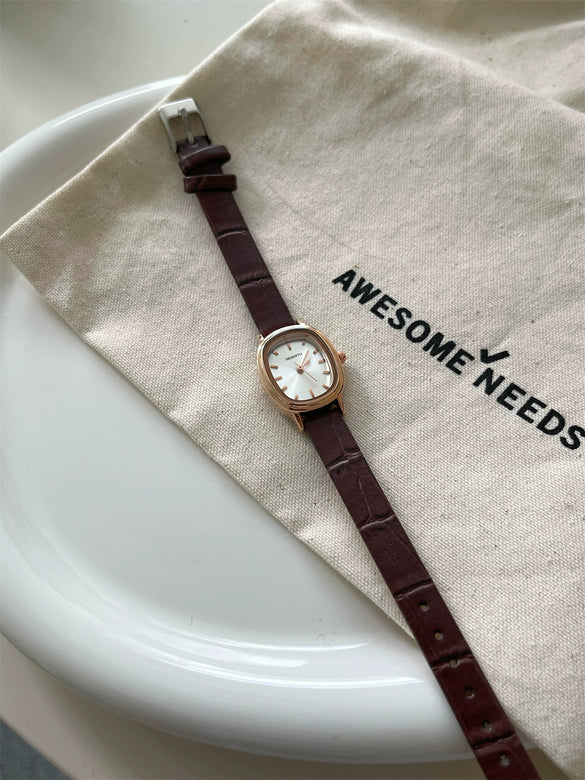 Women's Oval Alloy Case Quartz Watch With Pu Leather Belt And Stainless Steel Horseshoe Buckle Printed Logo Onion Crown Mineral Reinforced Glass Mirror