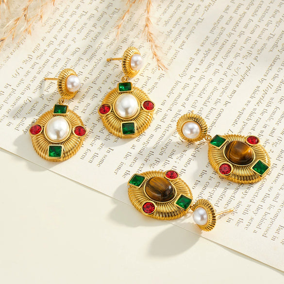 Women's Oval Geometric Stainless Steel Earrings With Zircon Pearl And Tiger Eye Stone Design 18K Vacuum Plated Finish
