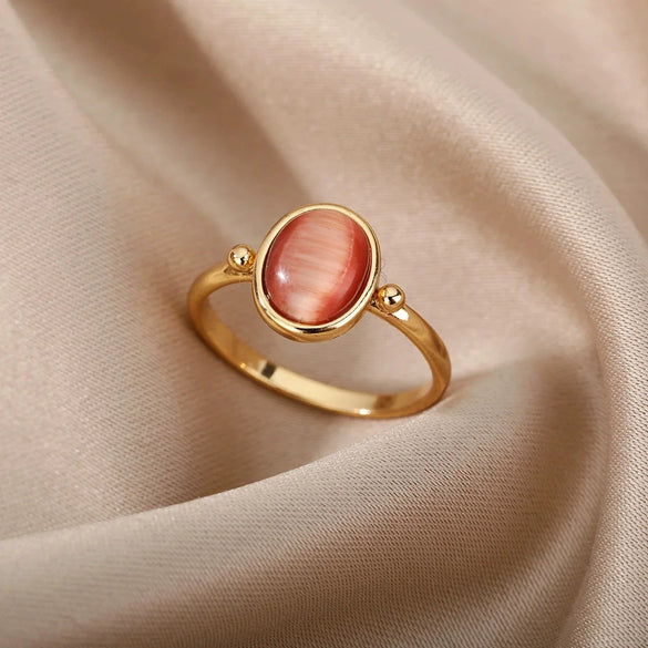 Women's Oval Half Stone Open Ring In Titanium And Stainless Steel With Electroplating