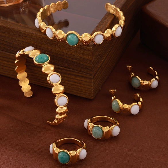 Women's Oval Natural Stone And Titanium Steel Open Bracelet Earrings Ring Suit With Gold Plated Electroplating In Simple Geometric Style