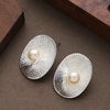 Women's Oval Spiral Texture Pearl Stud Earrings Geometric Copper Design With Ecofriendly Electroplated Finish