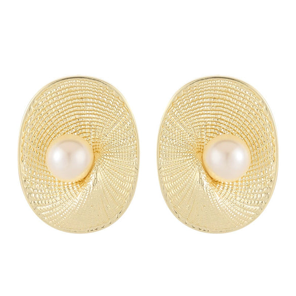 Women's Oval Spiral Texture Pearl Stud Earrings Geometric Copper Design With Ecofriendly Electroplated Finish