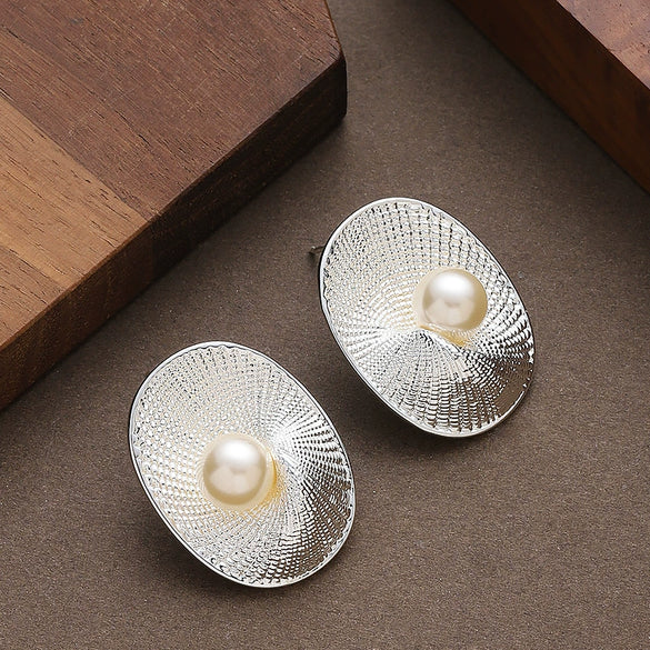 Women's Oval Spiral Texture Pearl Stud Earrings Geometric Copper Design With Ecofriendly Electroplated Finish