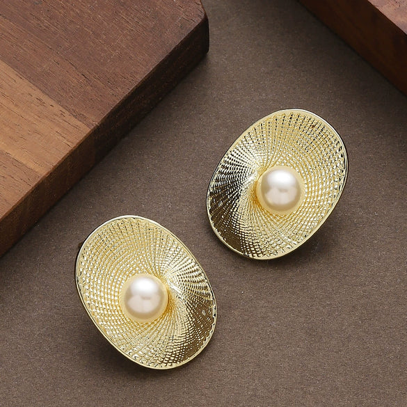 Women's Oval Spiral Texture Pearl Stud Earrings Geometric Copper Design With Ecofriendly Electroplated Finish