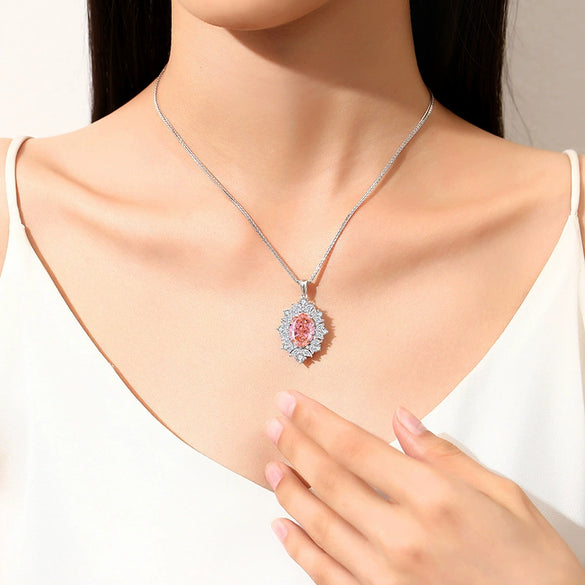 Women's Oval Sterling Silver 925 Necklace Pendant With Geometric Style And High Carbon Diamond