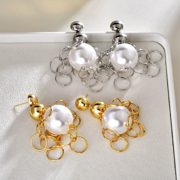 Women's Oversized Faux Pearl Geometric Hoop Tassel Earrings Metal Statement Jewelry For Fashionable Elegant Style