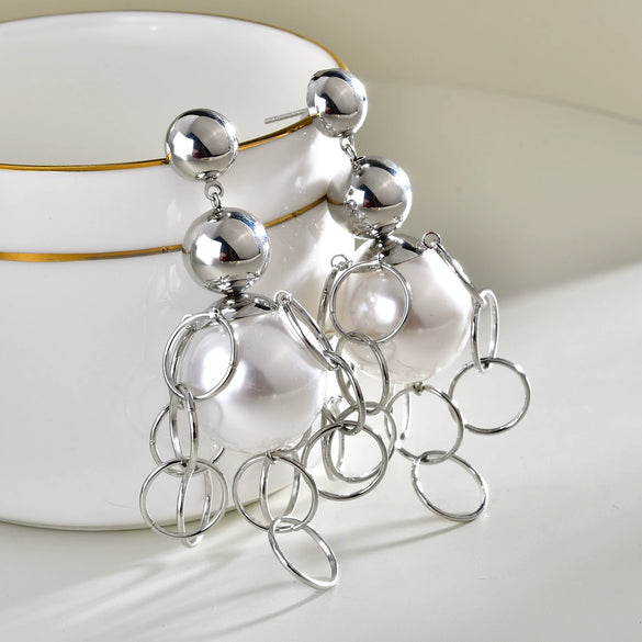 Women's Oversized Faux Pearl Geometric Hoop Tassel Earrings Metal Statement Jewelry For Fashionable Elegant Style