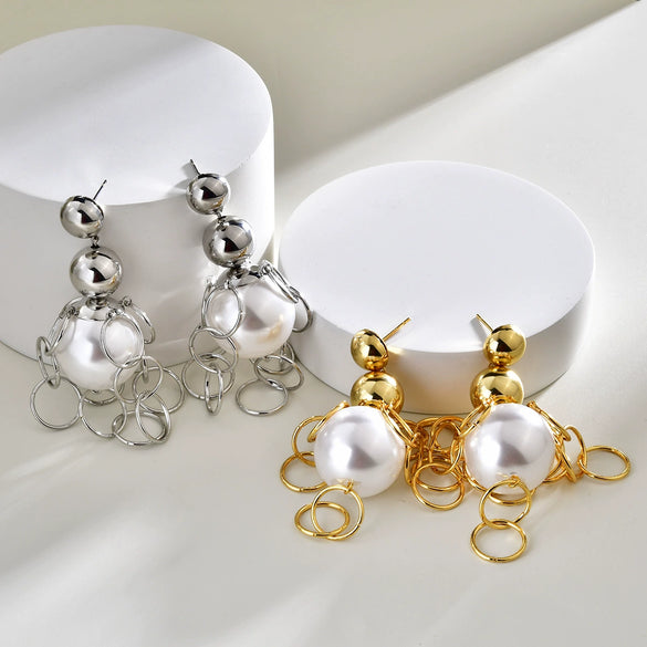 Women's Oversized Faux Pearl Geometric Hoop Tassel Earrings Metal Statement Jewelry For Fashionable Elegant Style