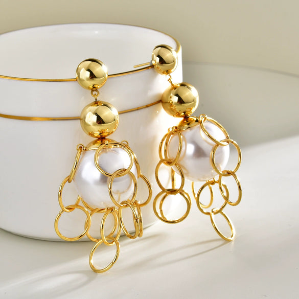 Women's Oversized Faux Pearl Geometric Hoop Tassel Earrings Metal Statement Jewelry For Fashionable Elegant Style