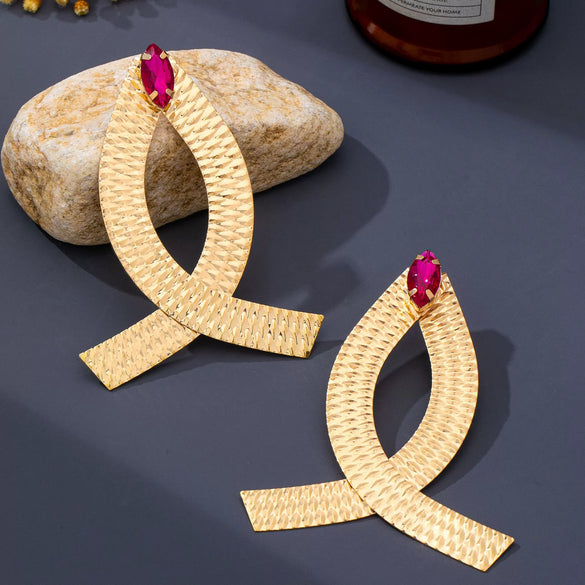 Women's Oversized Hammered Alloy Floral Geometric Earrings With Rose Red Rhinestone Accents And Stainless Steel Posts Plated Statement Fashion Jewelry