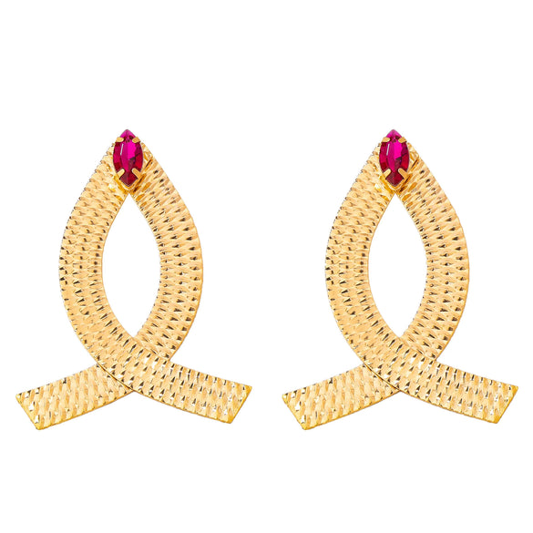 Women's Oversized Hammered Alloy Floral Geometric Earrings With Rose Red Rhinestone Accents And Stainless Steel Posts Plated Statement Fashion Jewelry