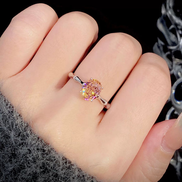Women's Padparadscha Pigeon Egg Ring 925 Silver High Carbon Diamond Ice Flower Cut Zircon Geometric Design