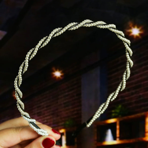 Women's Pearl Beaded Braided Hair Band Elegant Simple Versatile Headwear Accessory