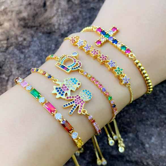 Women's Pearl Bracelet With Gold Plated Zircon Heart Cross And Crown Charms Sparkling Colorful Gemstone Hand Chain Ornament