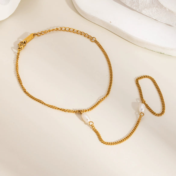 Women's Pearl Gold Bean Bracelet Finger Chain Ring Fashion Design Simple Light Luxury Titanium Steel Jewelry Pvd Furnace Vacuum Real Gold Plating