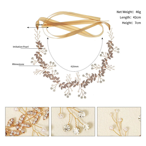 Women's Pearl Leaf Floral Headband Handmade Alloy Bridal Hair Accessory With Rhinestone Detail For Weddings And Banquets