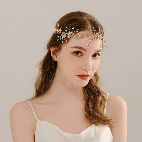 Women's Pearl Leaf Floral Headband Handmade Alloy Bridal Hair Accessory With Rhinestone Detail For Weddings And Banquets