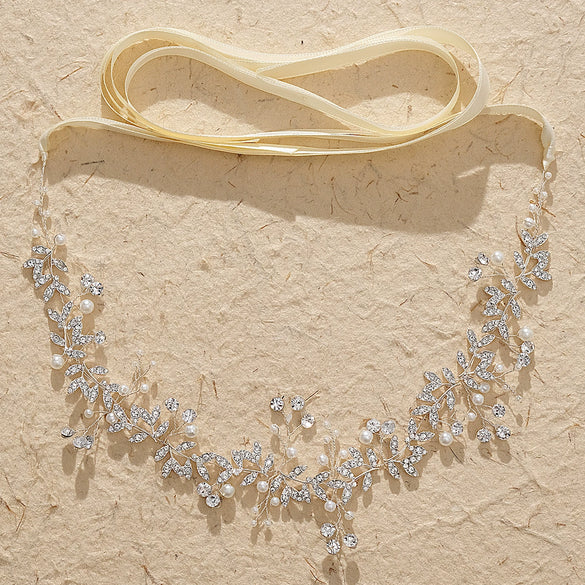 Women's Pearl Leaf Floral Headband Handmade Alloy Bridal Hair Accessory With Rhinestone Detail For Weddings And Banquets