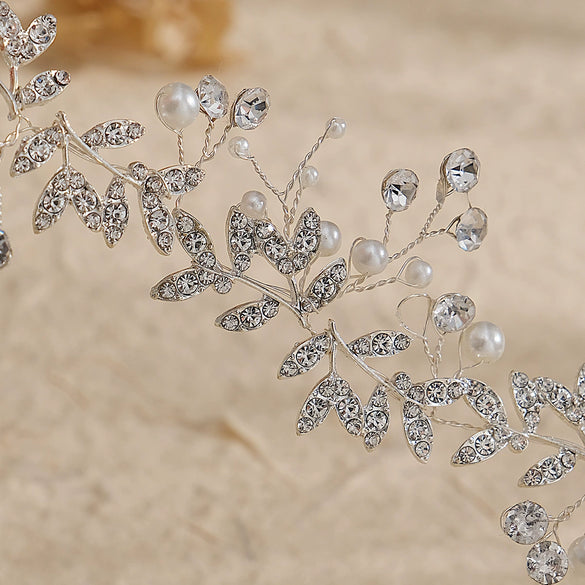 Women's Pearl Leaf Floral Headband Handmade Alloy Bridal Hair Accessory With Rhinestone Detail For Weddings And Banquets