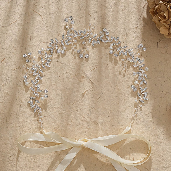 Women's Pearl Leaf Floral Headband Handmade Alloy Bridal Hair Accessory With Rhinestone Detail For Weddings And Banquets
