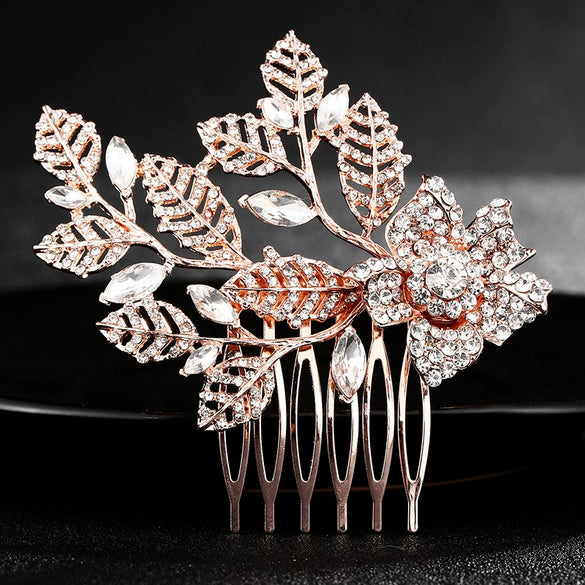 Women's Pearl Leaf Flower Edge Hair Comb Alloy Rhinestone Bridal Hair Accessory Simple Elegant Style