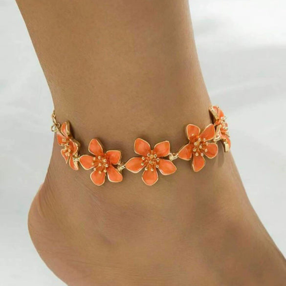 Women's Pink Cherry Blossom Anklet With Oildrop Flower Design Zinc Alloy Ankle Chain For Holiday And Everyday Wear