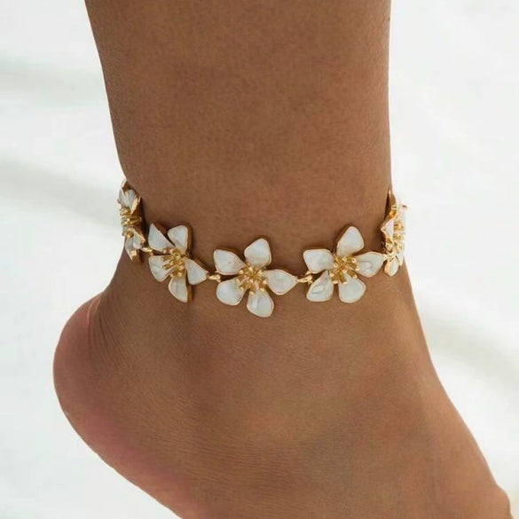 Women's Pink Cherry Blossom Anklet With Oildrop Flower Design Zinc Alloy Ankle Chain For Holiday And Everyday Wear