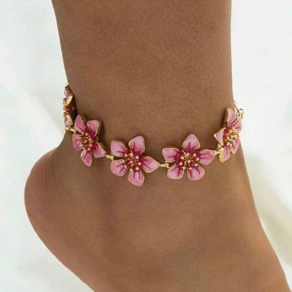 Women's Pink Cherry Blossom Anklet With Oildrop Flower Design Zinc Alloy Ankle Chain For Holiday And Everyday Wear