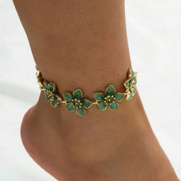 Women's Pink Cherry Blossom Anklet With Oildrop Flower Design Zinc Alloy Ankle Chain For Holiday And Everyday Wear