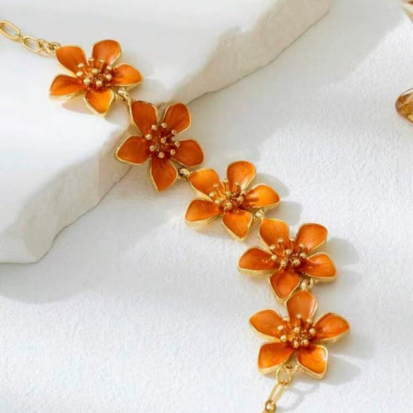 Women's Pink Cherry Blossom Anklet With Oildrop Flower Design Zinc Alloy Ankle Chain For Holiday And Everyday Wear