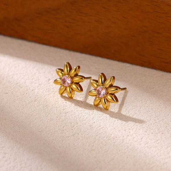 Women's Pink Crystal Sunflower Stud Earrings Goldplated Stainless Steel Geometric Floral Jewelry With A Cute Vintageinspired Design