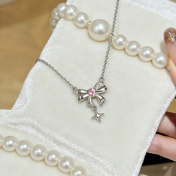 Women's Pink Diamond Bowknot Heart Combination Titanium Steel Necklace With Zircon Inlaid Copper Pendant And Oshaped Chain Light Luxury Design