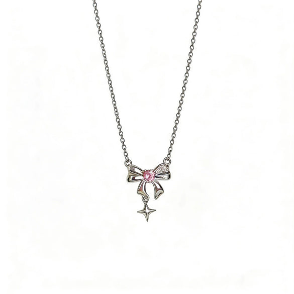 Women's Pink Diamond Bowknot Heart Combination Titanium Steel Necklace With Zircon Inlaid Copper Pendant And Oshaped Chain Light Luxury Design