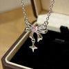 Women's Pink Diamond Bowknot Heart Combination Titanium Steel Necklace With Zircon Inlaid Copper Pendant And Oshaped Chain Light Luxury Design