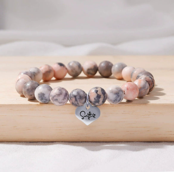Women's Pink Zebra Polymer Clay U Shape Geometric Bracelet With Electroplated Natural Stone Peach Heart Design Fashion Versatile Jewelry