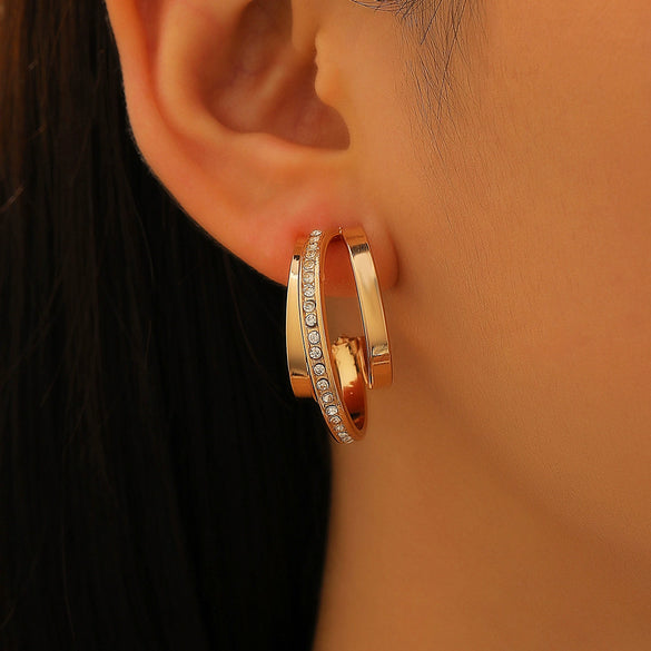 Women's Pink Zircon Geometric Cshaped Copper Earrings Set With Diamonds Retro Fashion Niche Design