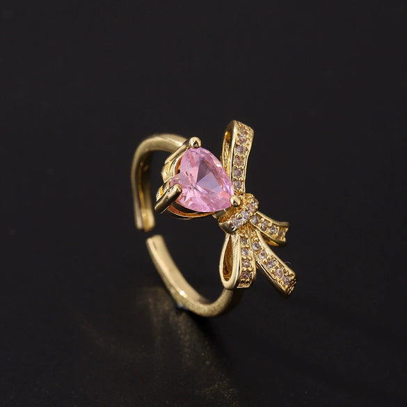 Women's Pink Zircon Open Adjustable Ring Copper Geometric Sweet Style Electroplating Jewelry