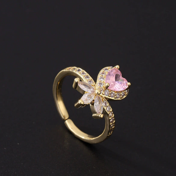 Women's Pink Zircon Open Adjustable Ring Copper Geometric Sweet Style Electroplating Jewelry