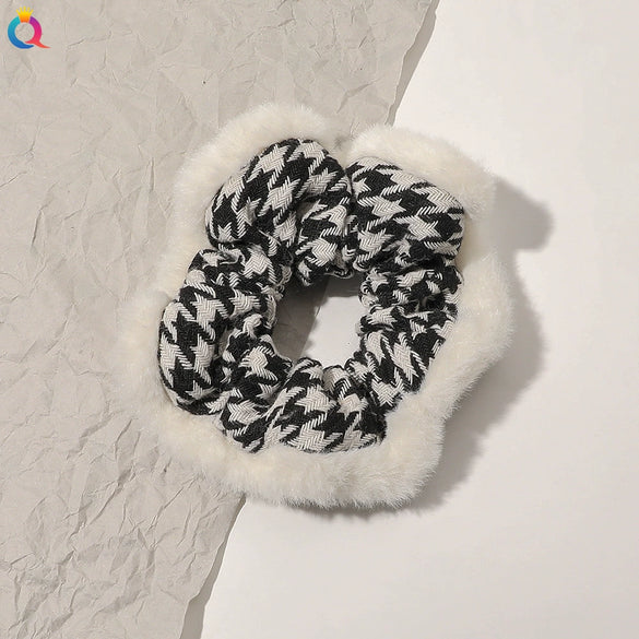 Women's Plaid Velvet And Polyurethane Scrunchie With Plush Trim Handmade Ponytail Hair Tie Accessory